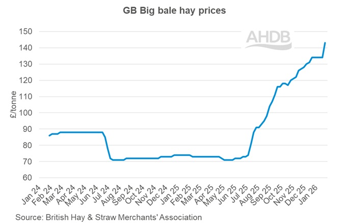 Graph showing GB big bale hay weekly prices 25 January 2026.
